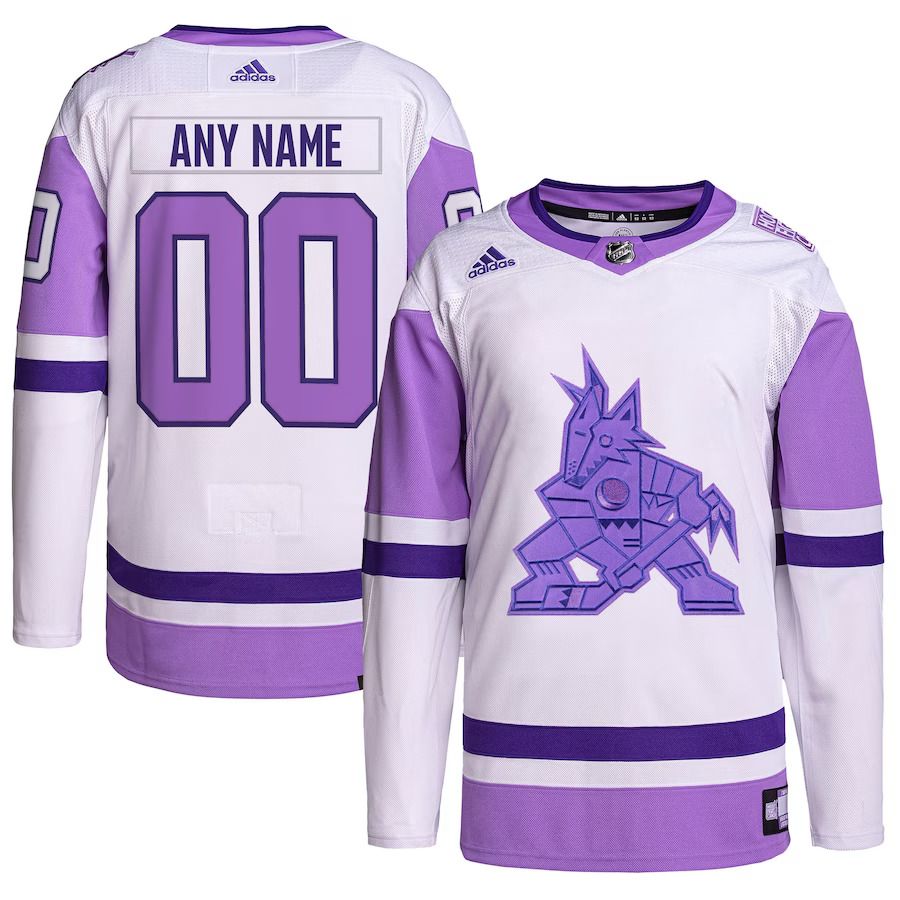 Men Arizona Coyotes adidas White Purple Hockey Fights Cancer Primegreen Authentic Custom NHL Jersey